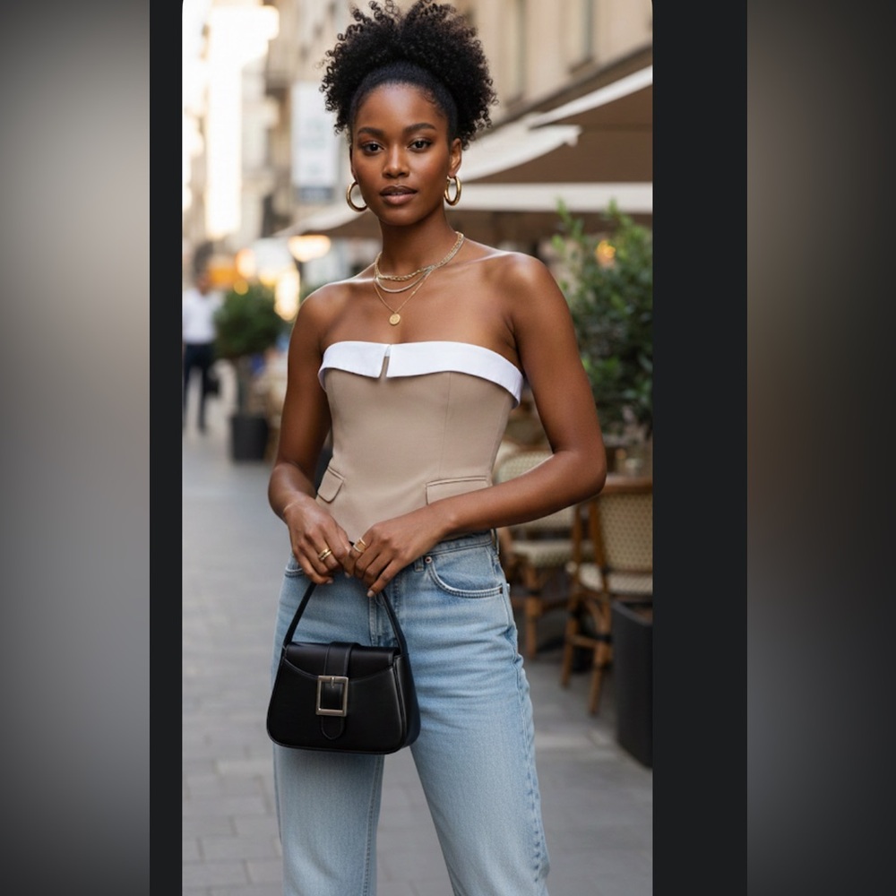 Zara Stylish Tan Strapless Top with White Trim